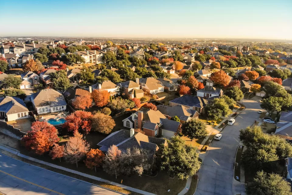 Aerial view of single-family suburban neighborhood in Dallas, Texas.